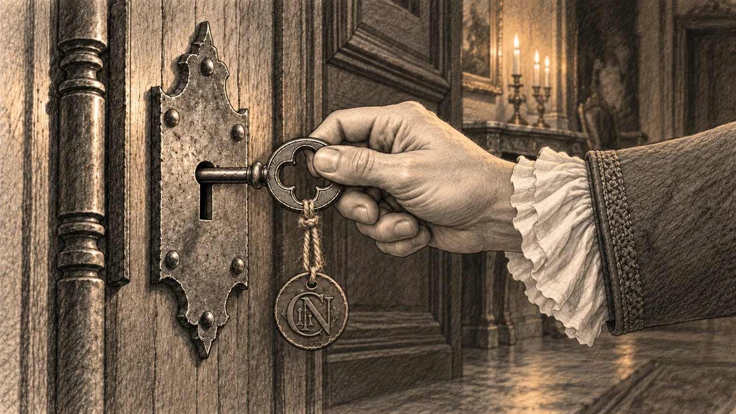 Une clé ouvre une porte ancienne, dans la lumière des chandelles.